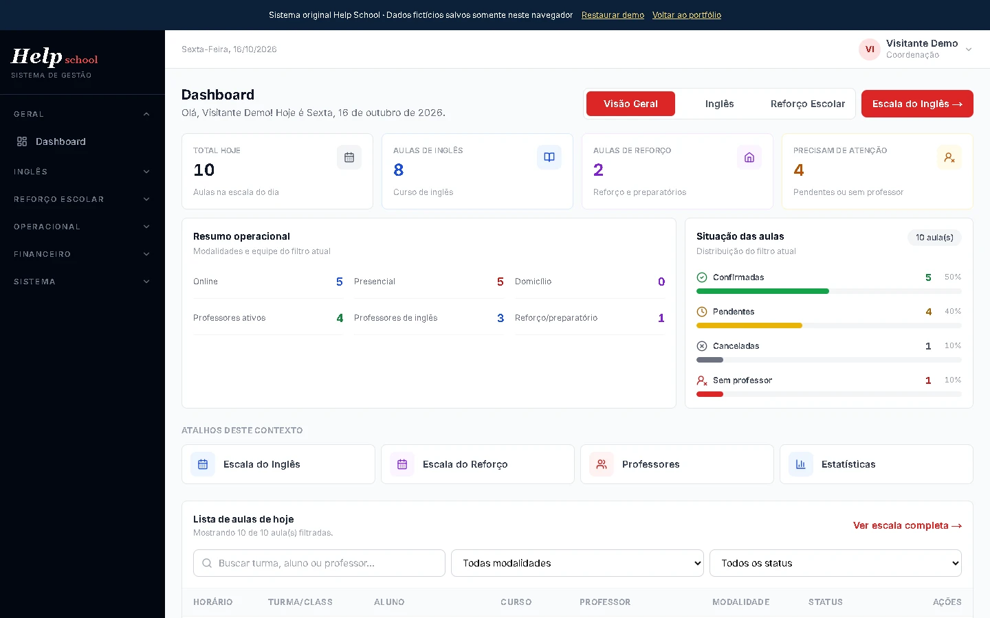 Demonstração pública da interface Help School com escala de aulas e dados fictícios.